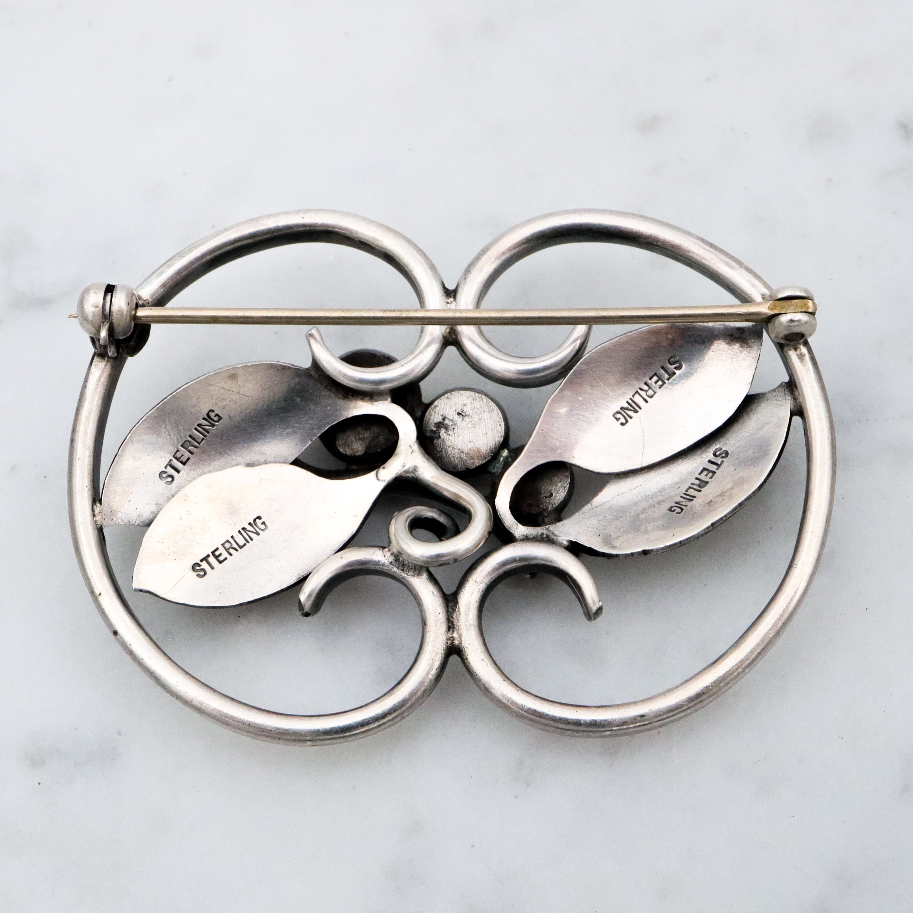 Handmade Mid Century sterling leaves & berries brooch